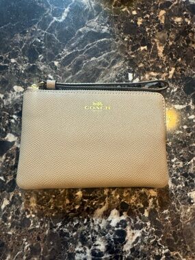 Coach Taupe Leather Wristlet Pouch with Gold Logo
